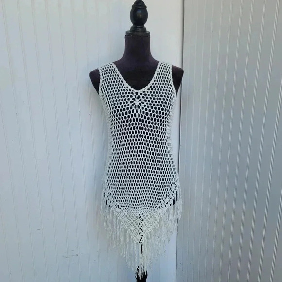 White Cotton Blend Crochet Fishnet Fringe Sleeveless Sweater Top Sweater Sz S/M - Picture 1 of 10